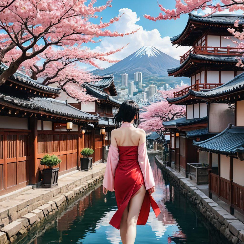A vibrant collage depicting scenes from popular hentai manga, featuring diverse characters expressing their emotions and intimacy, intertwined with elements of Japanese culture like cherry blossoms and traditional architecture. The background should reflect a bustling cityscape, highlighting the contrast between modernity and tradition. The colors should be bold and vivid, inviting viewers into the world of adult anime. Ideal for an anime-style aesthetic, combining both fantasy and realism.