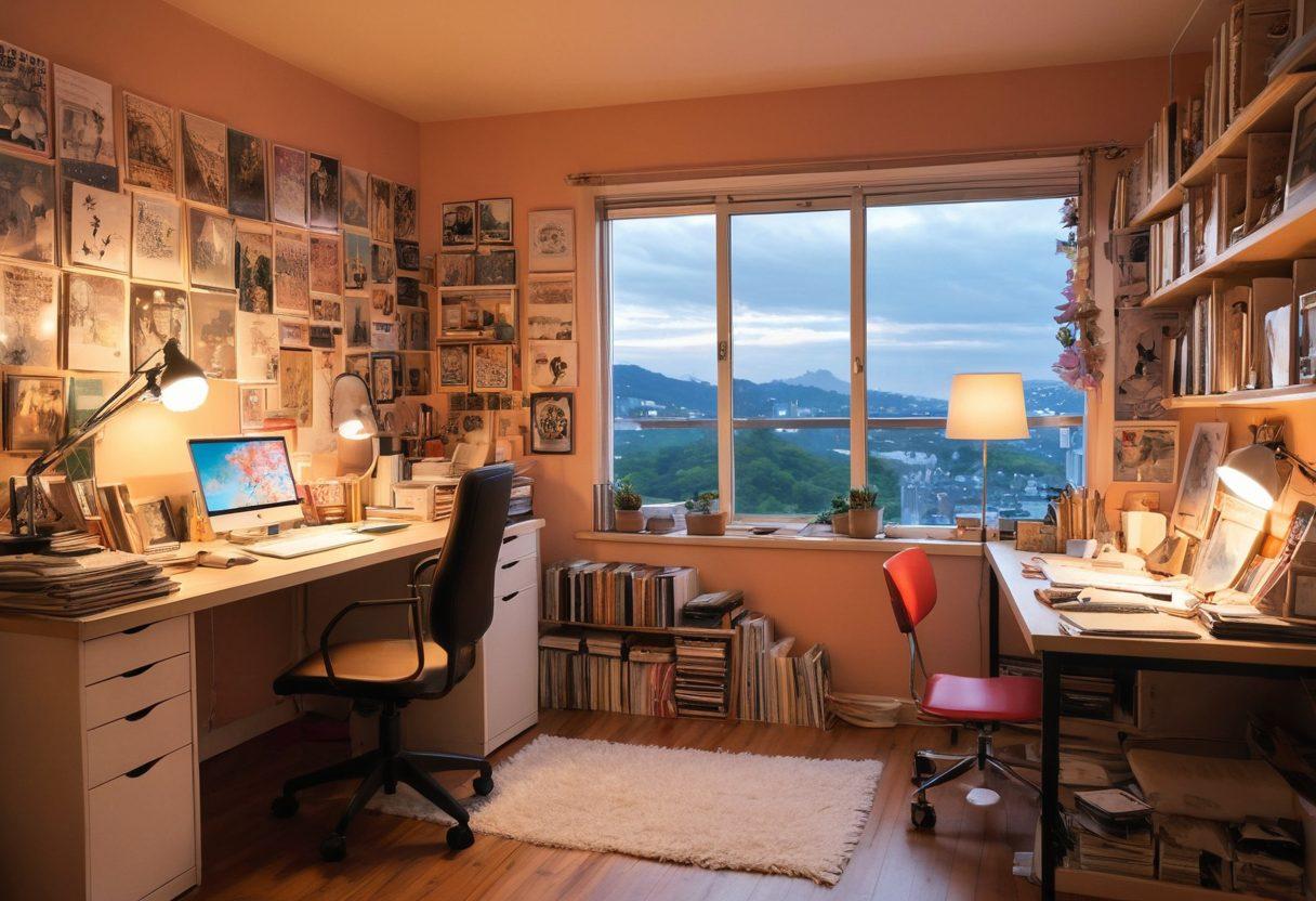 A visually captivating scene depicting a serene artist's studio filled with vibrant illustrations from hentai manga, showcasing diverse characters in various emotional settings. The atmosphere is infused with elements of sensuality and creativity, featuring sketchbooks, colored pens, and panels of manga art scattered around. Soft, ambient lighting casts a warm glow, enhancing the intimate vibe of storytelling. The walls are adorned with framed examples of iconic panels, inviting the viewer into the world of adult manga. super-realistic. vibrant colors. cozy ambiance.